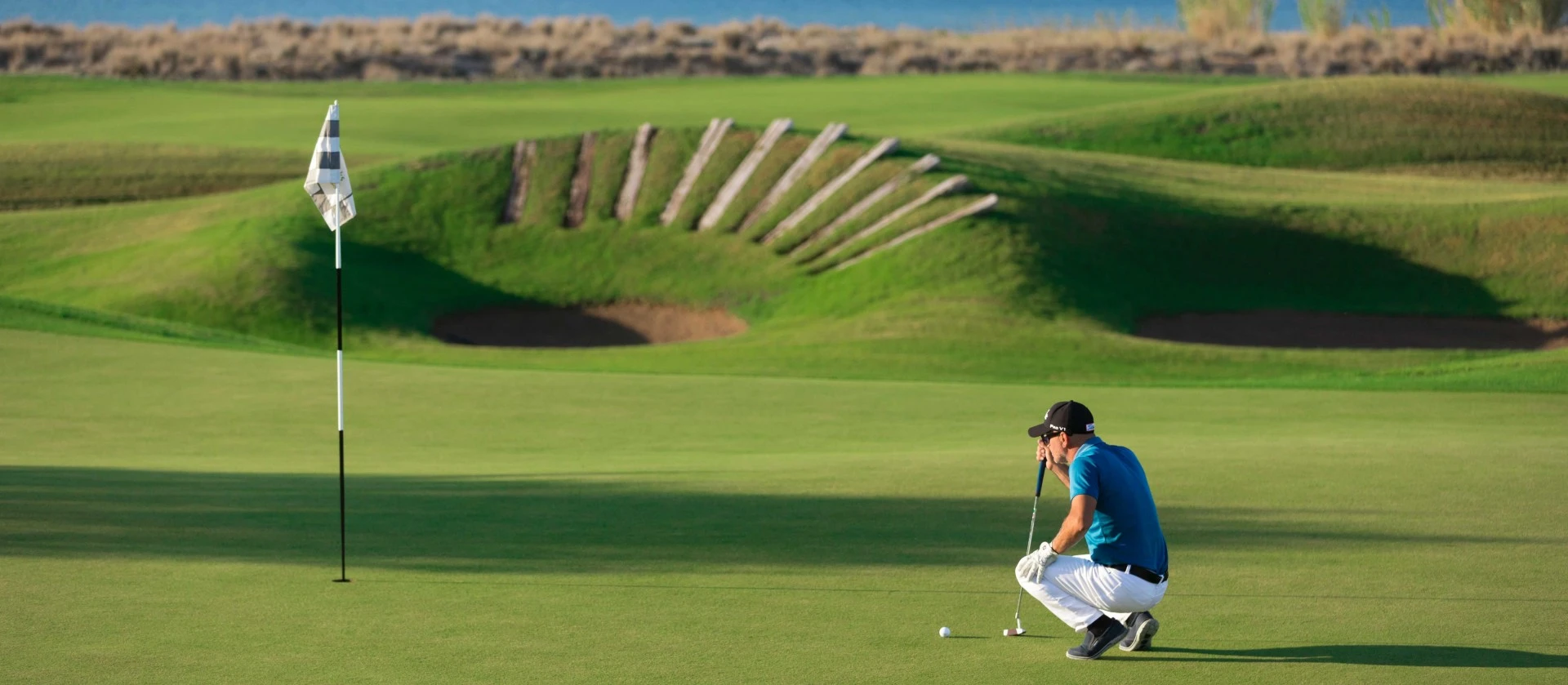 Male golfer lining up shot